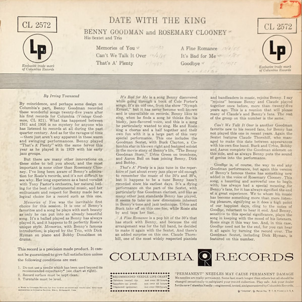 Benny Goodman Sextet And Benny Goodman Trio And Rosemary Clooney - Date With The King | Columbia (CL 2572) - 2 Benny Goodman Sextet And Benny Goodman Trio And Rosemary Clooney - Date With The King | Columbia (CL 2572) - 2