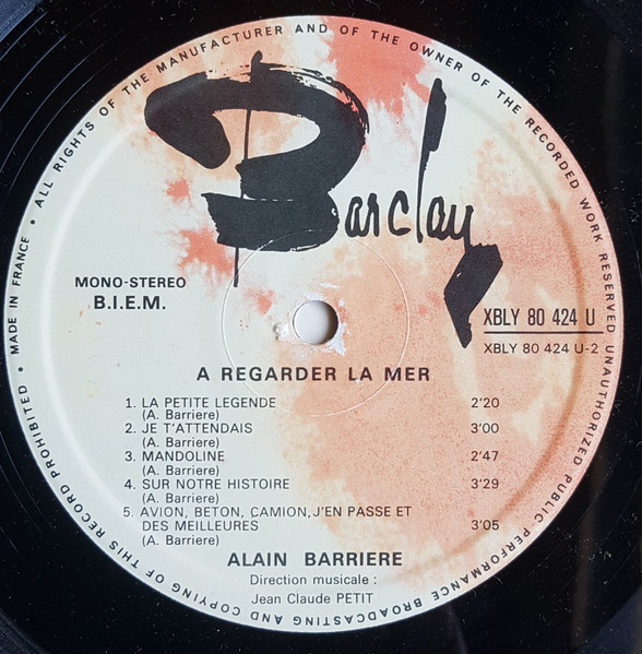 Alain Barrière - À Regarder La Mer | Barclay (XBLY 80 424 U) - 3