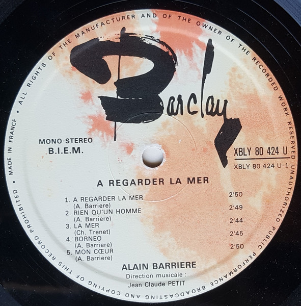 Alain Barrière - À Regarder La Mer | Barclay (XBLY 80 424 U) - 2