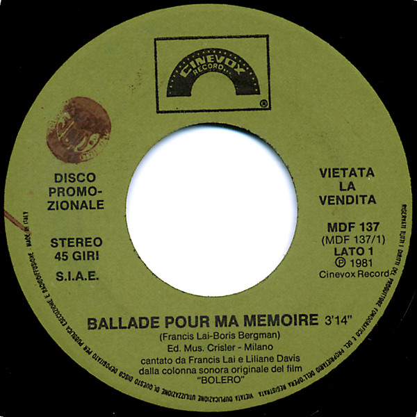 Francis Lai & Liliane Davis / Christiane Legrand - Ballade Pour Ma Memoire / Bolero Di Ravel | Cinevox Record (MDF 137) - main Francis Lai & Liliane Davis / Christiane Legrand - Ballade Pour Ma Memoire / Bolero Di Ravel | Cinevox Record (MDF 137) - main