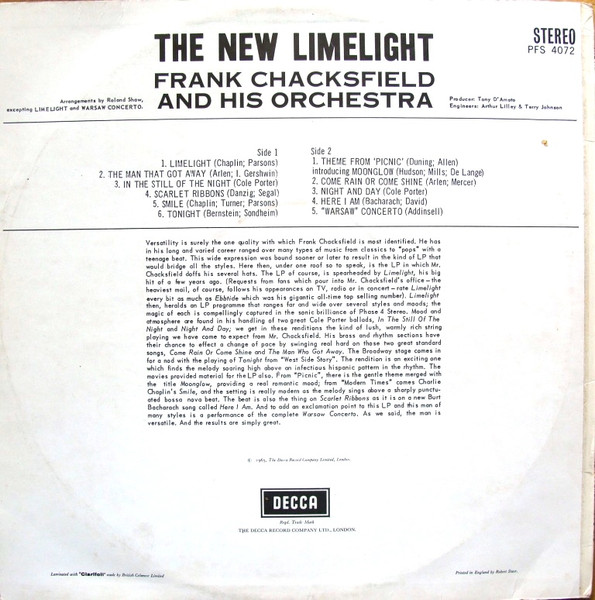 Frank Chacksfield & His Orchestra - The New Limelight | Decca (PFS 4072) - 2
