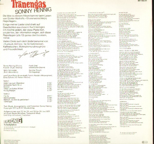 Sonny Hennig - Tränengas | Erlkönig Schallplatten (INT 148.411) - 2 Sonny Hennig - Tränengas | Erlkönig Schallplatten (INT 148.411) - 2