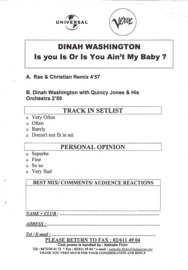 Rae & Christian Featuring Dinah Washington - Is You Is Or Is You Ain't My Baby? | Verve Records (570 814-1)
