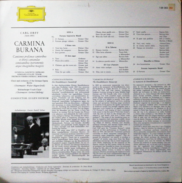 Carl Orff • Gundula Janowitz · Gerhard Stolze · Dietrich Fischer-Dieskau , Chor Der Deutschen Oper Berlin And Orchester Der Deutschen Oper Berlin , Conductor: Eugen Jochum - Carmina Burana | Deutsche Grammophon (139 362) - 2