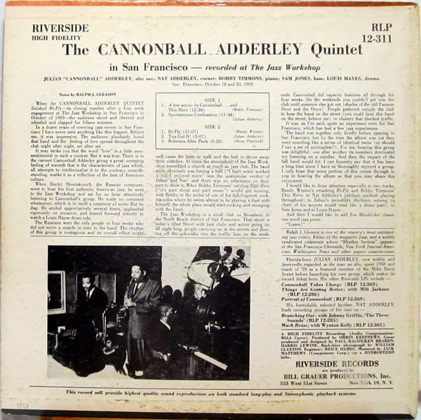 The Cannonball Adderley Quintet Featuring Nat Adderley - The Cannonball Adderley Quintet In San Francisco | Riverside Records (RLP 12-311) - 2 The Cannonball Adderley Quintet Featuring Nat Adderley - The Cannonball Adderley Quintet In San Francisco | Riverside Records (RLP 12-311) - 2