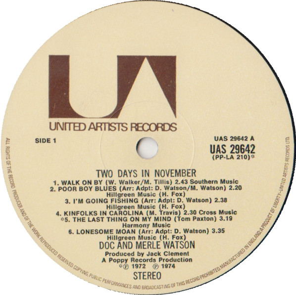 Doc & Merle Watson - Two Days In November | United Artists Records (UAS 29642) - 3