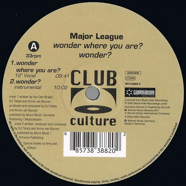 DJ Tiësto And Armin van Buuren Present Major League - Wonder? / Wonder Where You Are? | Club Culture (8573 83882-0) - 2 DJ Tiësto And Armin van Buuren Present Major League - Wonder? / Wonder Where You Are? | Club Culture (8573 83882-0) - 2