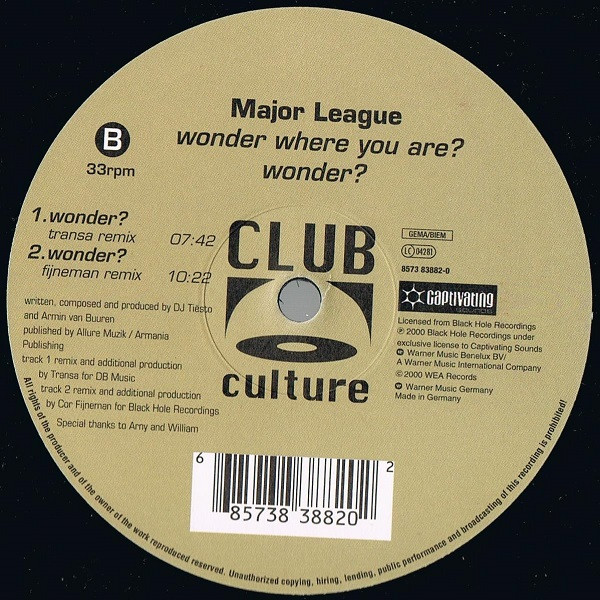 DJ Tiësto And Armin van Buuren Present Major League - Wonder? / Wonder Where You Are? | Club Culture (8573 83882-0) - 3 DJ Tiësto And Armin van Buuren Present Major League - Wonder? / Wonder Where You Are? | Club Culture (8573 83882-0) - 3