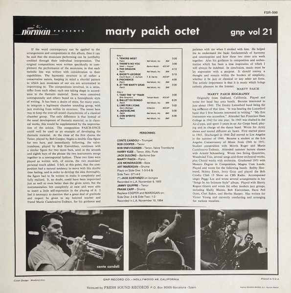 The Marty Paich Octet - Gene Norman Presents The Marty Paich Octet | Fresh Sound Records (FSR-598) - 2 The Marty Paich Octet - Gene Norman Presents The Marty Paich Octet | Fresh Sound Records (FSR-598) - 2