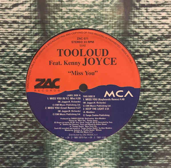 Tooloud Feat. Kenny Joyce - Miss You | ZAC Records (ZAC 071) - main