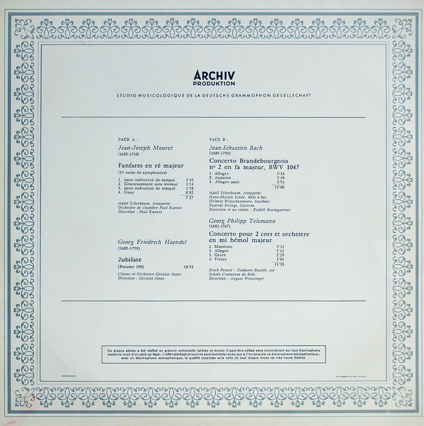 Jean-Joseph Mouret / Georg Friedrich Händel / Johann Sebastian Bach / Georg Philipp Telemann - Festival de Musique Baroque | Archiv Produktion (104 810) - 2 Jean-Joseph Mouret / Georg Friedrich Händel / Johann Sebastian Bach / Georg Philipp Telemann - Festival de Musique Baroque | Archiv Produktion (104 810) - 2