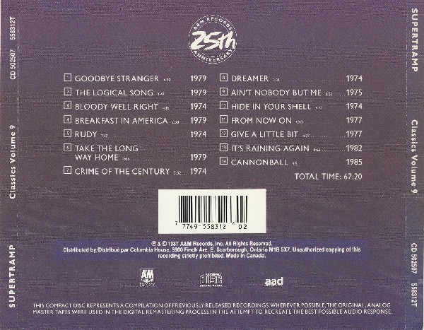 Supertramp - Classics Volume 9 | A&M Records (CD 502507) - 2
