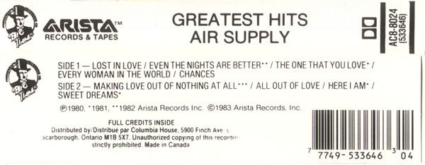 Air Supply - Greatest Hits | Arista (AC8-8024) - 2