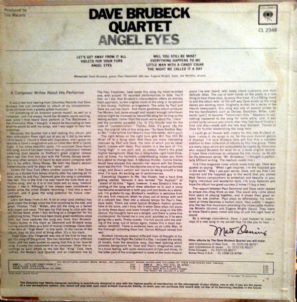 The Dave Brubeck Quartet - Angel Eyes [Vinyl] | Columbia (CL 2348) - 2