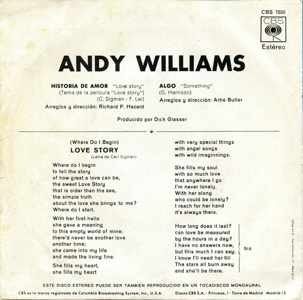 Andy Williams - Love Story | CBS (CBS 7020) - 2