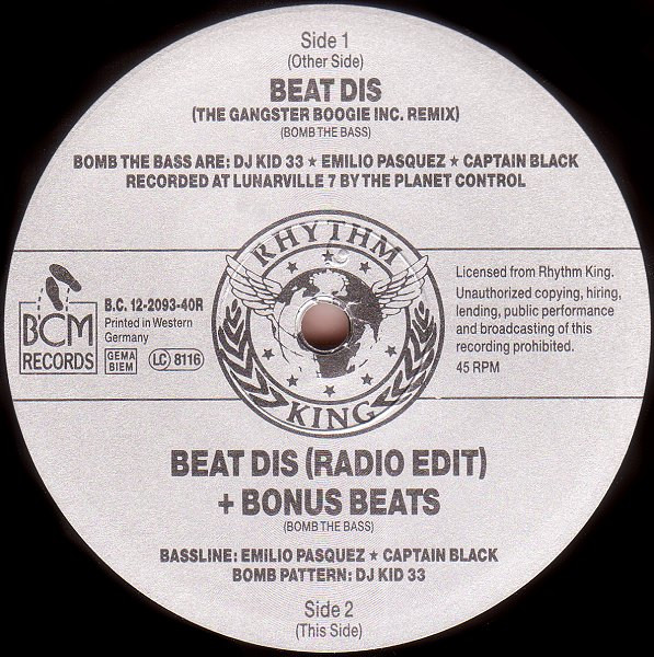 Bomb The Bass - Beat Dis (The Gangster Boogie Inc. Remix) | BCM Records (B.C. 12-2093-40R) - 3
