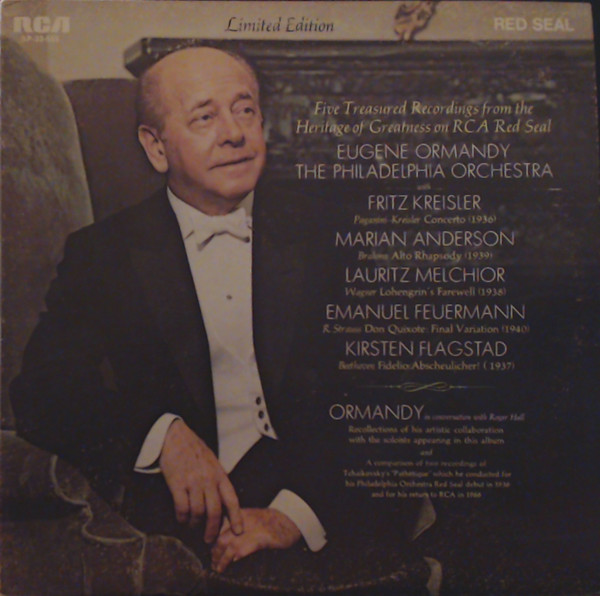 Eugene Ormandy , The Philadelphia Orchestra With Fritz Kreisler , Marian Anderson , Lauritz Melchior , Emanuel Feuermann , Kirsten Flagstad - Five Treasured Recordings From The Heritage Of Greatness On RCA Red Seal | RCA Red Seal (SP-33-555)