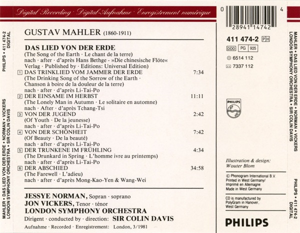 Gustav Mahler - Jessye Norman • Jon Vickers , London Symphony Orchestra , Sir Colin Davis - Das Lied Von Der Erde | Philips (411 474-2) - 2