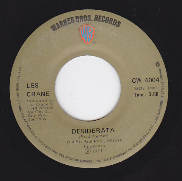 Jean Coutu / Les Crane - Desiderata | Warner Bros. Records (CW 4004) - 2 Jean Coutu / Les Crane - Desiderata | Warner Bros. Records (CW 4004) - 2