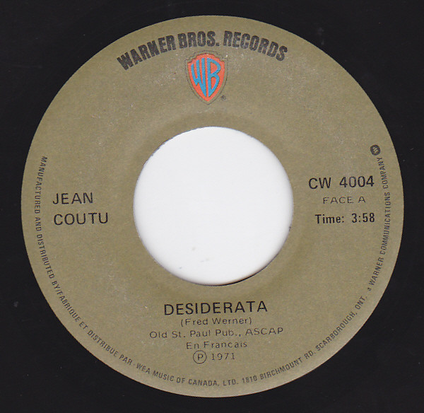 Jean Coutu / Les Crane - Desiderata | Warner Bros. Records (CW 4004) - main Jean Coutu / Les Crane - Desiderata | Warner Bros. Records (CW 4004) - main