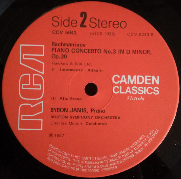 Sergei Vasilyevich Rachmaninoff , Byron Janis , Charles Munch , Boston Symphony Orchestra - Piano Concerto No. 3 In D Minor | RCA (CCV 5043) - 3