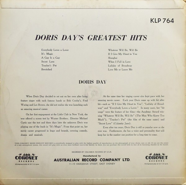 Doris Day - Doris Day's Greatest Hits | Coronet (KLP-764) - 2