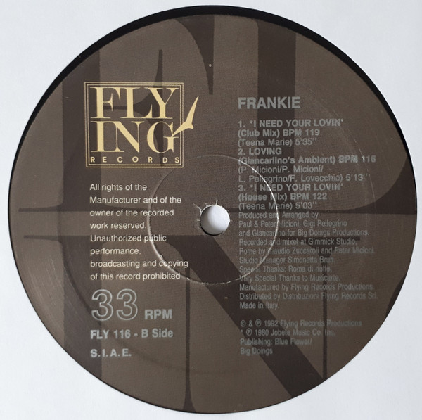 Frankie - I Need Your Lovin' | Flying Records (FLY 116) - 2
