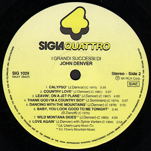 John Denver - I Grandi Successi Di John Denver | Sigla Quattro (SIG 1029) - 2 John Denver - I Grandi Successi Di John Denver | Sigla Quattro (SIG 1029) - 2