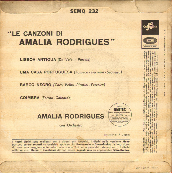 Amália Rodrigues - Le Canzoni Di Amalia Rodrigues | Columbia (SEMQ 232) - 2