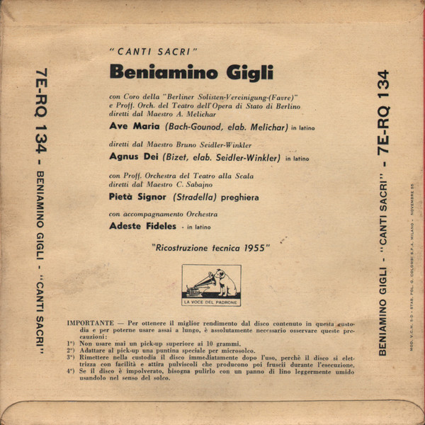 Beniamino Gigli - Canti Sacri | La Voce Del Padrone (7E-RQ 134) - 2 Beniamino Gigli - Canti Sacri | La Voce Del Padrone (7E-RQ 134) - 2
