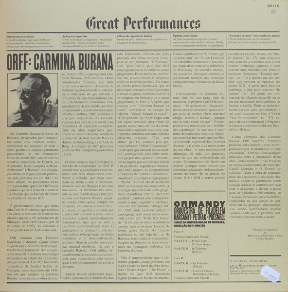 Carl Orff - The Philadelphia Orchestra , Conductor: Eugene Ormandy , Coprano: Janice Harsanyi - Carmina Burana | CBS (60116) - 2
