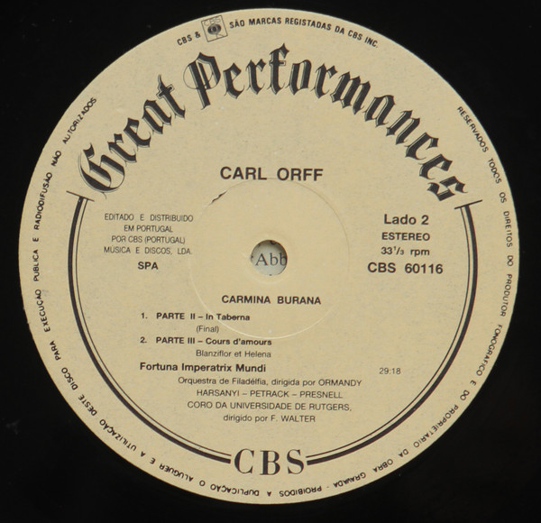 Carl Orff - The Philadelphia Orchestra , Conductor: Eugene Ormandy , Coprano: Janice Harsanyi - Carmina Burana | CBS (60116) - 4