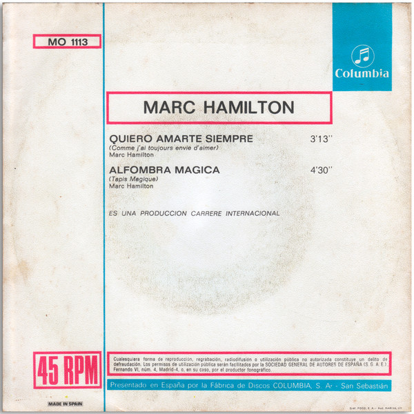 Marc Hamilton - Quiero Amarte Siempre / Alfombra Magica | Columbia (MO 1113) - 2
