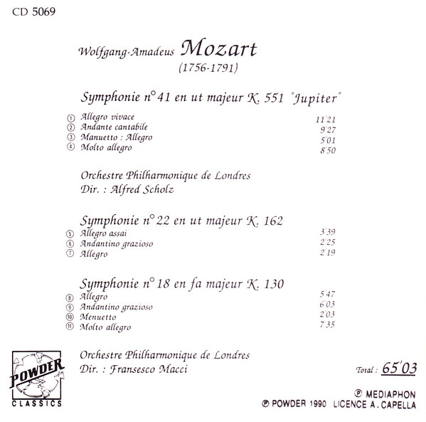 Wolfgang Amadeus Mozart - London Philharmonic Orchestra - Symphonie N°41 "Jupiter" - Symphonies N° 22 Et 18 | Powder Classics (CD 5069) - 4