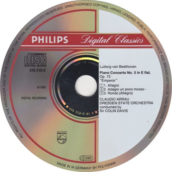 Ludwig van Beethoven - Sir Colin Davis - Claudio Arrau - Staatskapelle Dresden - Piano Concerto / Klavierkonzert Nr.5 "Emperor" | Philips Digital Classics (416 215-2) - 3 Ludwig van Beethoven - Sir Colin Davis - Claudio Arrau - Staatskapelle Dresden - Piano Concerto / Klavierkonzert Nr.5 "Emperor" | Philips Digital Classics (416 215-2) - 3