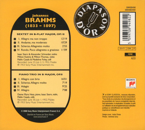 Johannes Brahms / Pablo Casals , Isaac Stern , Alexander Schneider , Milton Katims , Milton Thomas , Madeline Foley , Myra Hess - Sextet No. 1 / Piano Trio No. 1 | Sony Classical (SMK 89498) - 2 Johannes Brahms / Pablo Casals , Isaac Stern , Alexander Schneider , Milton Katims , Milton Thomas , Madeline Foley , Myra Hess - Sextet No. 1 / Piano Trio No. 1 | Sony Classical (SMK 89498) - 2