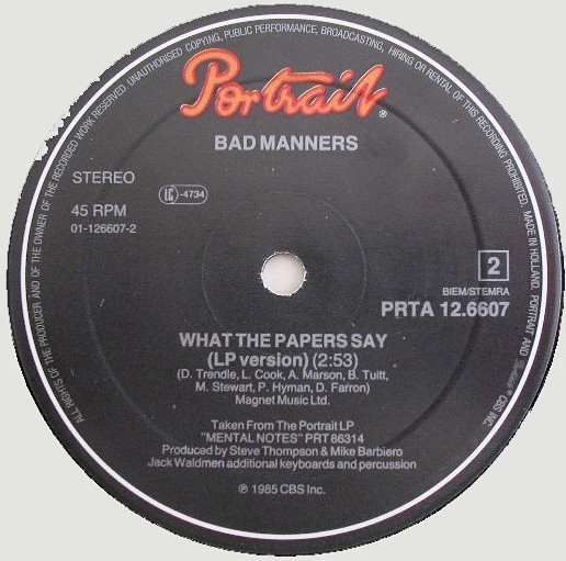 Bad Manners - What The Papers Say (12" Remix) | Portrait (A 12.6607) - 4 Bad Manners - What The Papers Say (12" Remix) | Portrait (A 12.6607) - 4