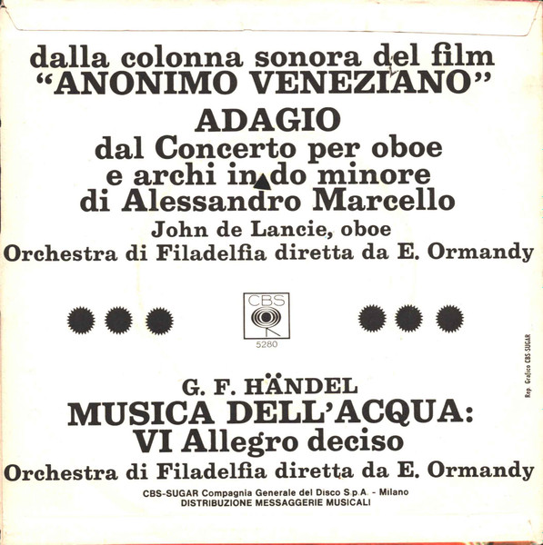 The Philadelphia Orchestra , Eugene Ormandy , Alessandro Marcello , Georg Friedrich Händel - Adagio Dal Concerto Per Oboe E Archi | CBS (5280) - 2
