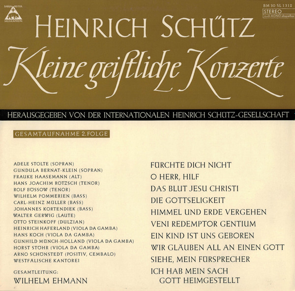 Heinrich Schütz - Kleine Geistliche Konzerte ( Gesamtaufnahme 2. Folge ) | Bärenreiter-Musicaphon (BM 30 SL 1312) - main