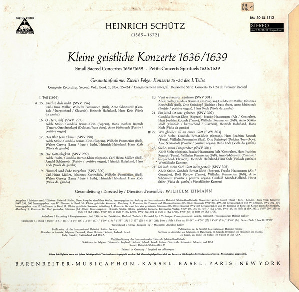 Heinrich Schütz - Kleine Geistliche Konzerte ( Gesamtaufnahme 2. Folge ) | Bärenreiter-Musicaphon (BM 30 SL 1312) - 2