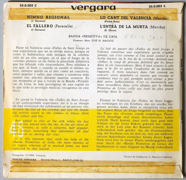 Banda Primitiva De Liria - Valencia, Fallas Y Música | Vergara (55.0.002 C) - 2