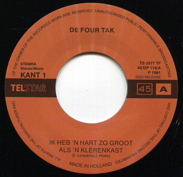 De Four Tak - Ik Heb 'n Hart Zo Groot Als 'n Klerenkast | Telstar (3377) - 3