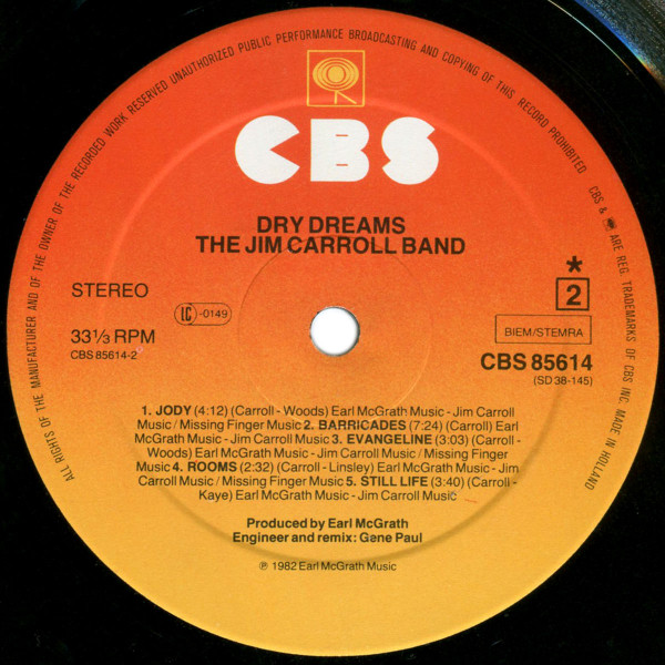 The Jim Carroll Band - Dry Dreams | CBS (85614) - 4