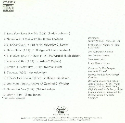 Nancy Wilson / Cannonball Adderley - Nancy Wilson / Cannonball Adderley | Capitol Jazz (CDP 0777 7 81204 2 1) - 2 Nancy Wilson / Cannonball Adderley - Nancy Wilson / Cannonball Adderley | Capitol Jazz (CDP 0777 7 81204 2 1) - 2