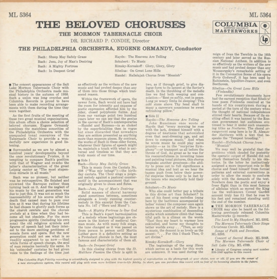 Mormon Tabernacle Choir , Richard P. Condie - The Philadelphia Orchestra , Eugene Ormandy - The Beloved Choruses | Columbia Masterworks (ML 5364) - 2 Mormon Tabernacle Choir , Richard P. Condie - The Philadelphia Orchestra , Eugene Ormandy - The Beloved Choruses | Columbia Masterworks (ML 5364) - 2