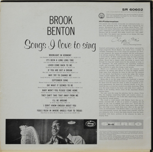 Brook Benton - Songs I Love To Sing | Mercury (SR 60602) - 2 Brook Benton - Songs I Love To Sing | Mercury (SR 60602) - 2