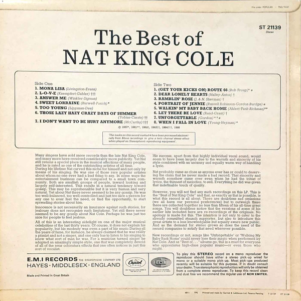 Nat King Cole - The Best Of Nat King Cole | Capitol Records (ST 21139) - 2 Nat King Cole - The Best Of Nat King Cole | Capitol Records (ST 21139) - 2