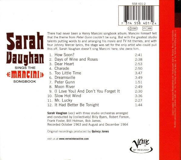Sarah Vaughan - Sings The Mancini Songbook | Verve Records (558 401-2) - 2