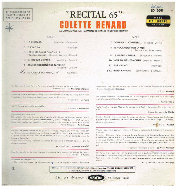 Colette Renard accompagnee par Raymond Legrand Et Son Orchestre - Recital 65 [Vinyl] | Disques Vogue (LD 658) - 2