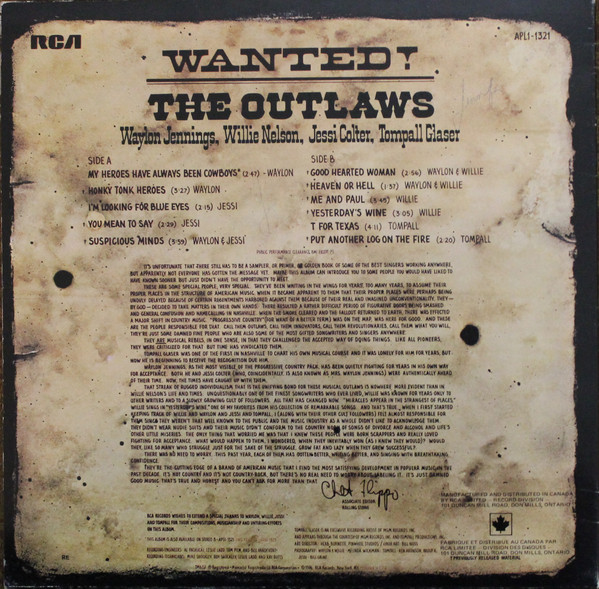 Waylon Jennings , Willie Nelson , Jessi Colter , Tompall Glaser - Wanted! The Outlaws | RCA Victor (APL1-1321) - 2 Waylon Jennings , Willie Nelson , Jessi Colter , Tompall Glaser - Wanted! The Outlaws | RCA Victor (APL1-1321) - 2